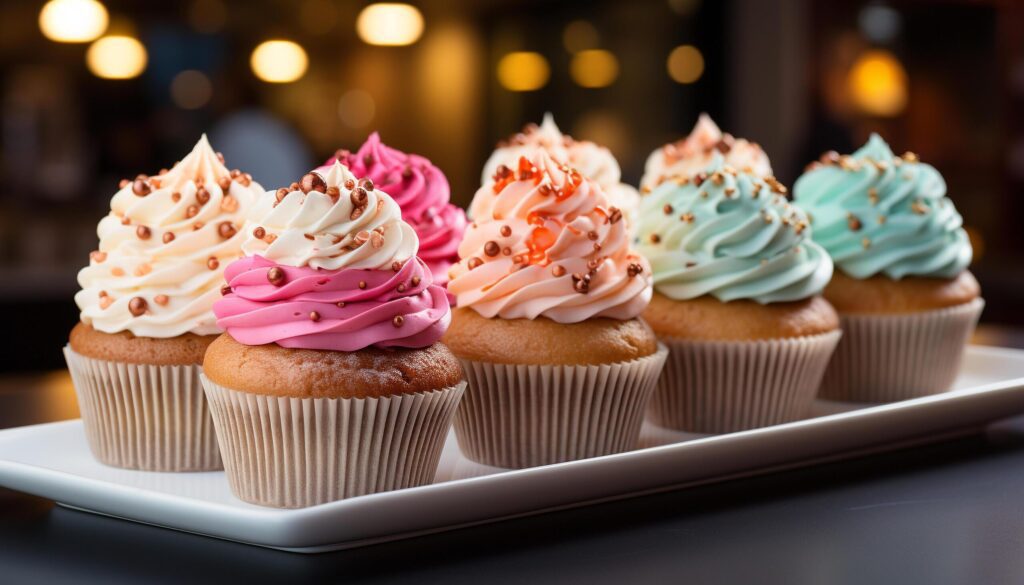 Homemade cupcake with whipped cream and colorful decorations generated by AI Free Photo