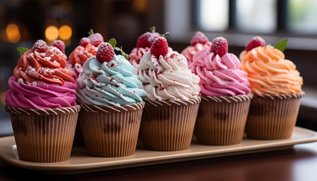 Homemade cupcakes with whipped cream and colorful decorations on wood generated by AI Free Photo