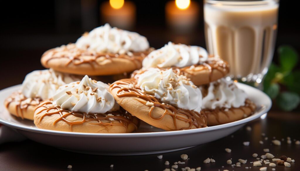 Homemade dessert Freshly baked chocolate cookie with whipped cream generated by AI Free Photo