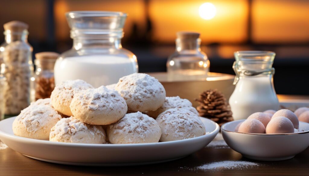 Homemade dessert sweet cookie and milk on wooden table generated by AI Free Photo