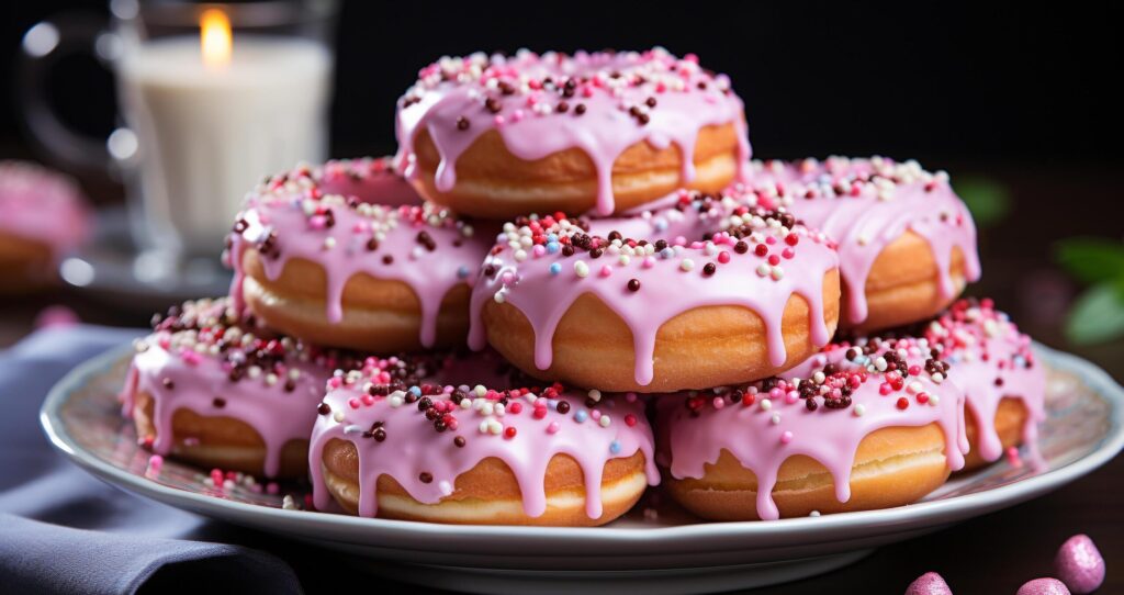 Homemade dessert sweet donut with chocolate icing and strawberry generated by AI Free Photo