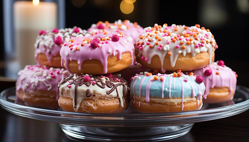 Homemade donut, chocolate icing, strawberry, marshmallow, colorful party delight generated by AI Free Photo