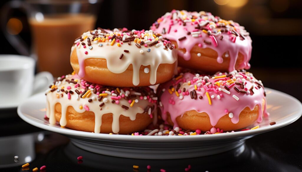 Homemade donut with colorful icing, chocolate, and strawberry generated by AI Free Photo