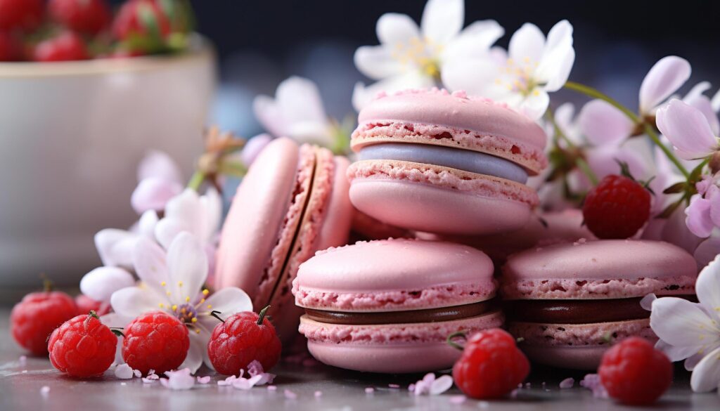 Homemade French macaroon stack, fresh raspberry, sweet indulgence on wood generated by AI Free Photo