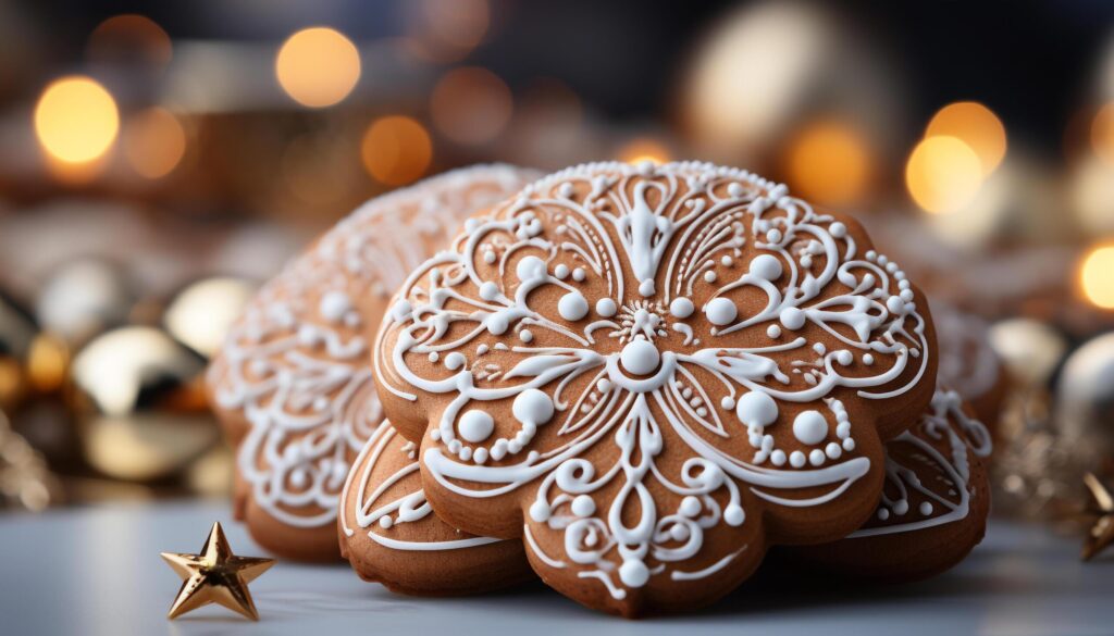 Homemade gingerbread cookies, decorated with icing and snowflake patterns generated by AI Free Photo