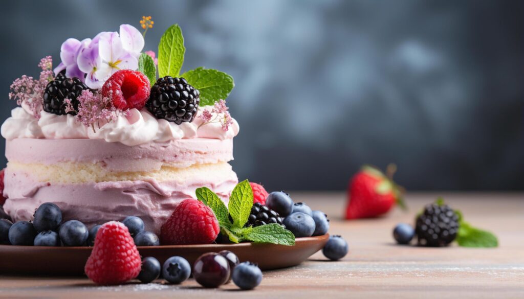 Homemade gourmet dessert fresh berry slice on wooden plate generated by AI Free Photo