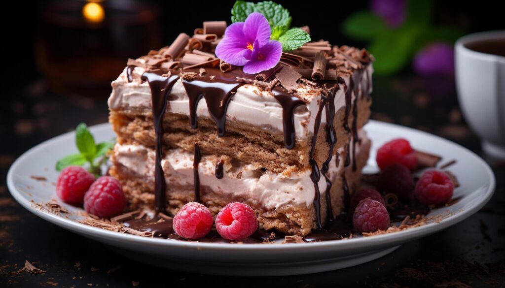 Homemade gourmet dessert fresh raspberry slice on a wooden plate generated by AI Free Photo