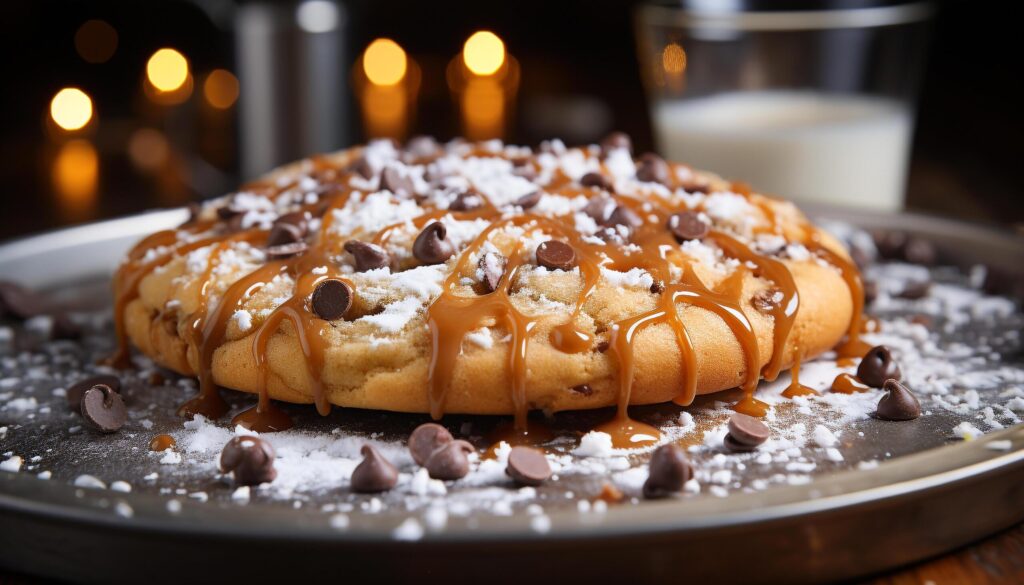 Homemade gourmet dessert sweet pancake with chocolate icing and fruit generated by AI Free Photo