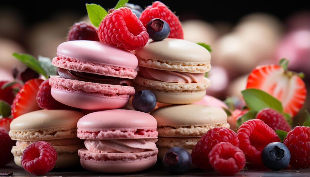 Homemade gourmet macaroons, a sweet indulgence of colorful freshness generated by AI Free Photo