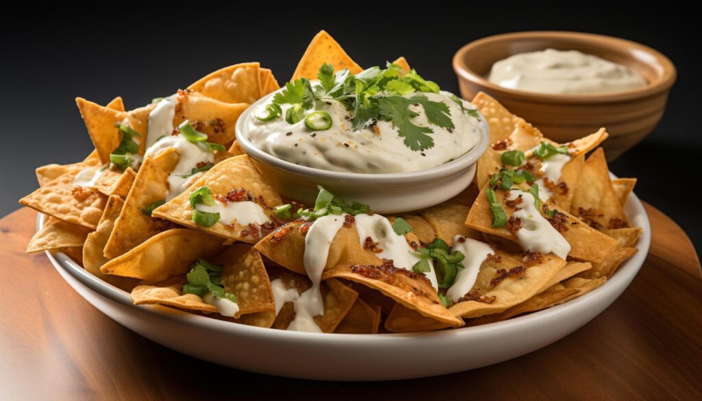 Homemade guacamole dip on a crunchy tortilla chip stack generated by AI Free Photo