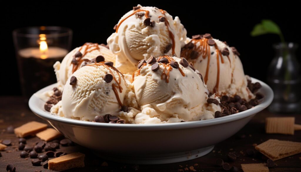 Homemade ice cream ball melts on wooden table generated by AI Free Photo