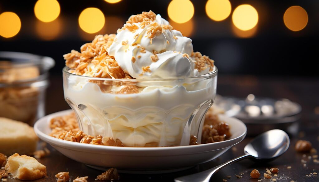 Homemade ice cream on wooden table, a sweet indulgence generated by AI Free Photo