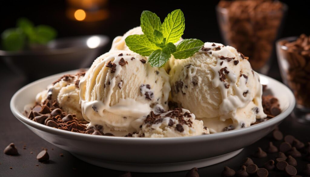 Homemade ice cream sundae, a sweet indulgence on a plate generated by AI Free Photo