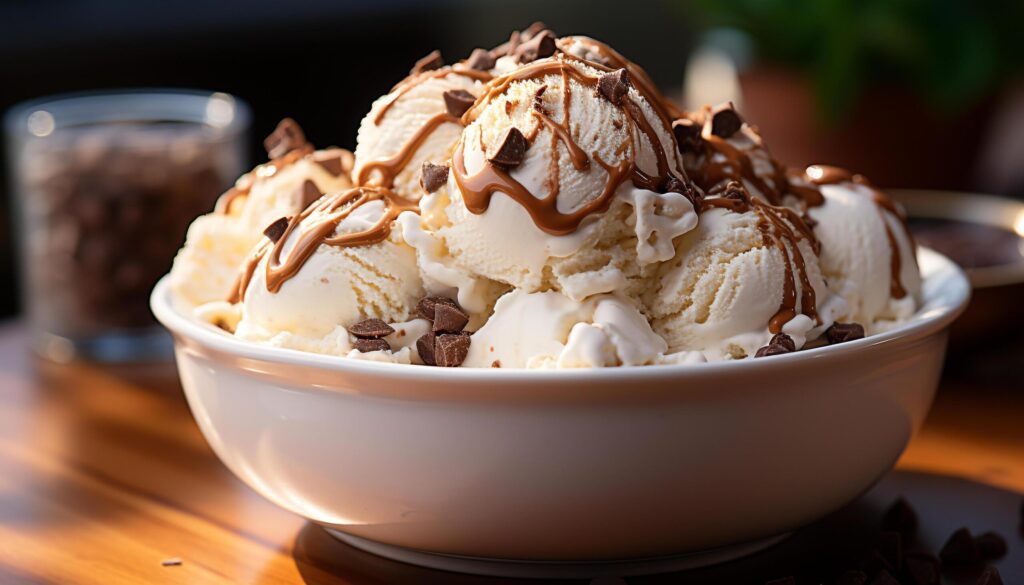 Homemade ice cream sundae, a sweet indulgence on wooden table generated by AI Free Photo