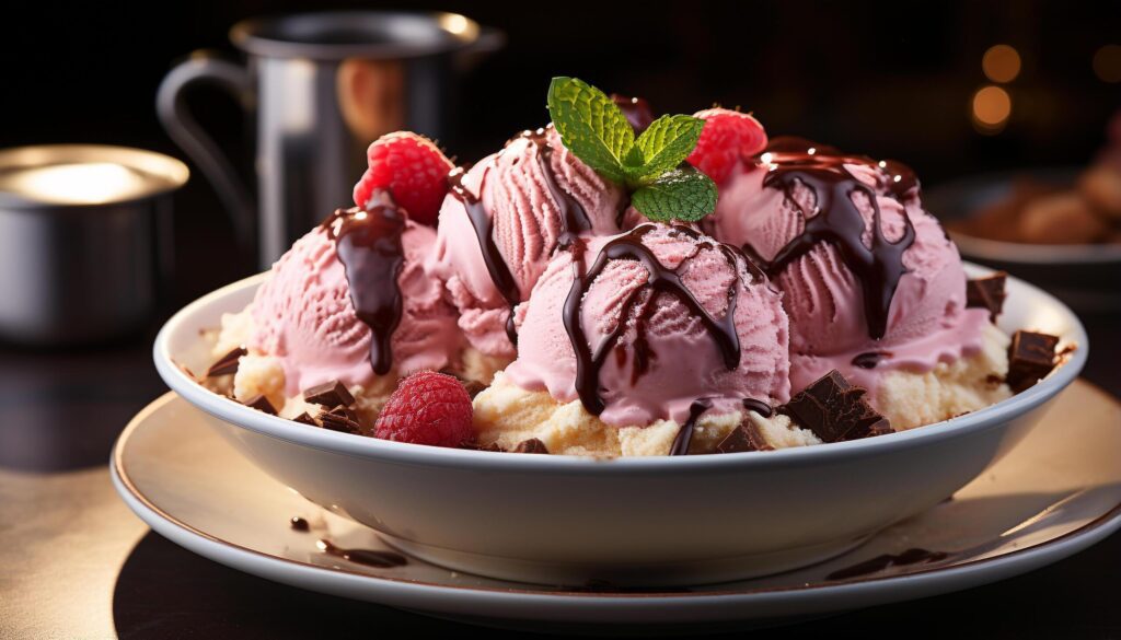 Homemade ice cream sundae, a sweet, refreshing indulgence generated by AI Free Photo