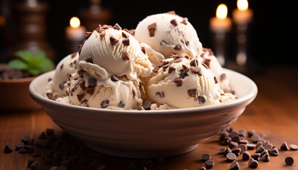 Homemade ice cream sundae on wooden table, indulgence in every bite generated by AI Free Photo