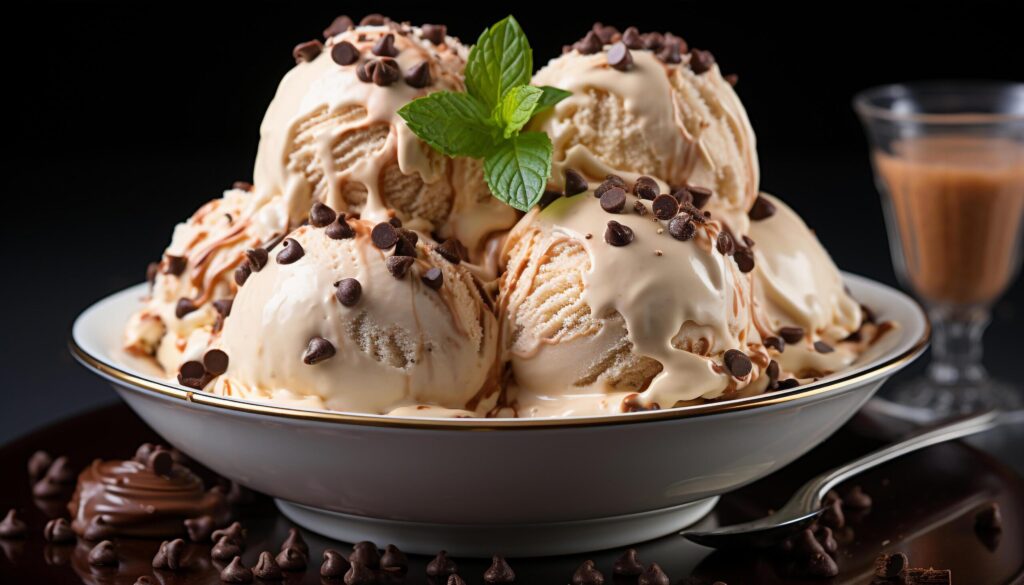 Homemade ice cream sundae with chocolate sauce and whipped cream generated by AI Free Photo