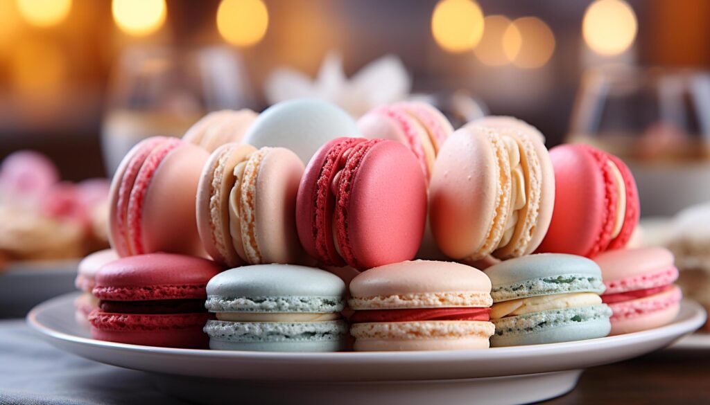 Homemade macaroon stack, a sweet French indulgence on pink plate generated by AI Free Photo