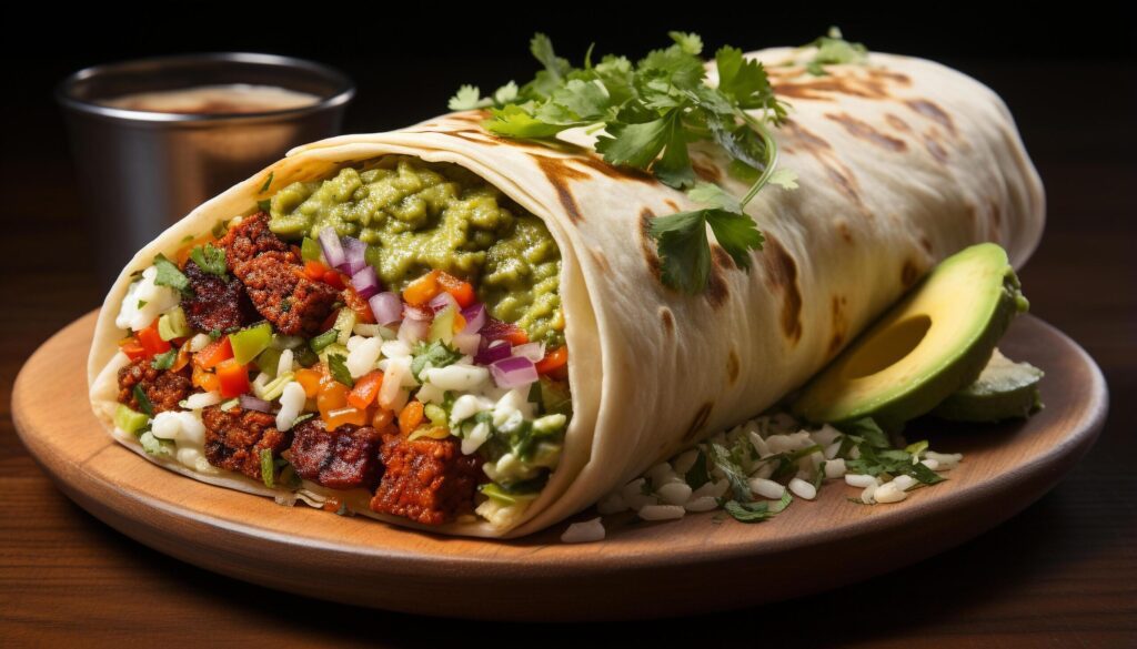 Homemade Mexican beef burrito, stuffed with guacamole and freshness generated by AI Free Photo