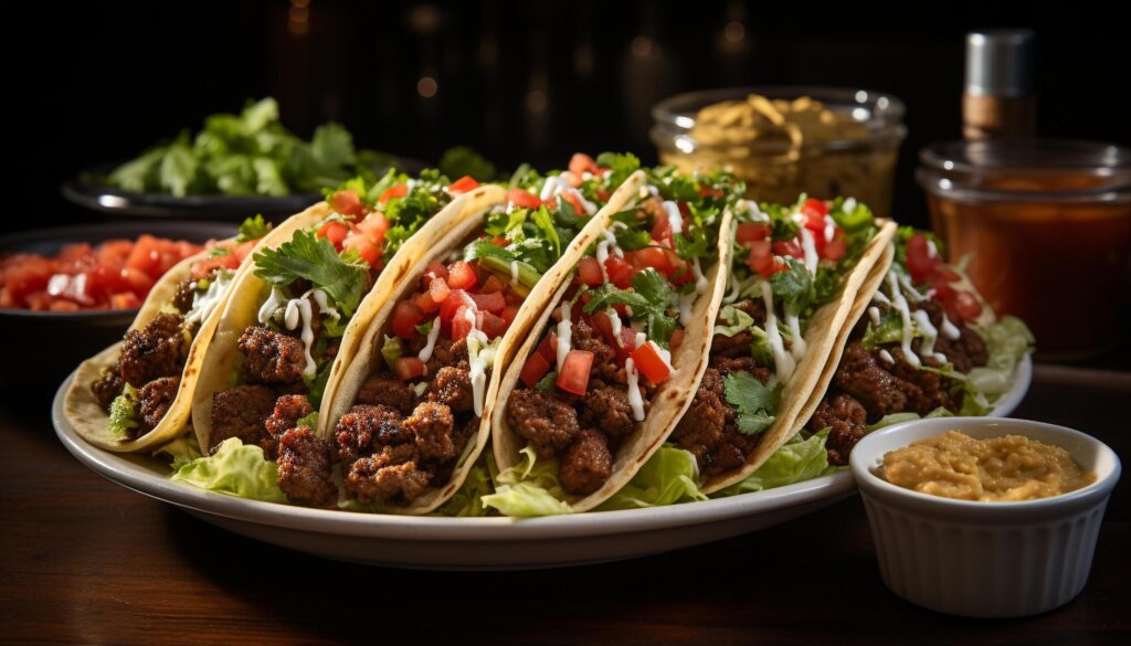 Homemade Mexican beef taco with fresh guacamole and cilantro generated by AI Free Photo