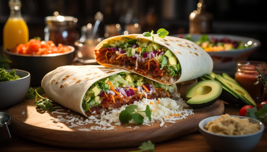 Homemade Mexican burrito grilled beef, fresh guacamole, spicy salsa generated by AI Free Photo