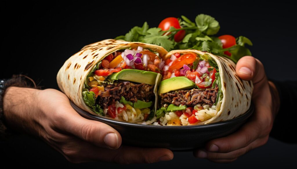 Homemade Mexican taco grilled beef, fresh vegetables, and spicy guacamole generated by AI Free Photo