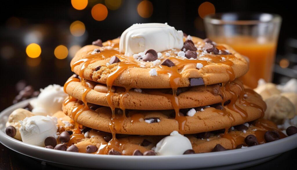 Homemade pancake stack with chocolate syrup and fresh berries generated by AI Free Photo