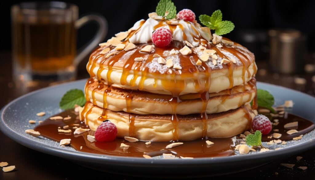 Homemade pancake stack with fresh berries and chocolate sauce generated by AI Free Photo