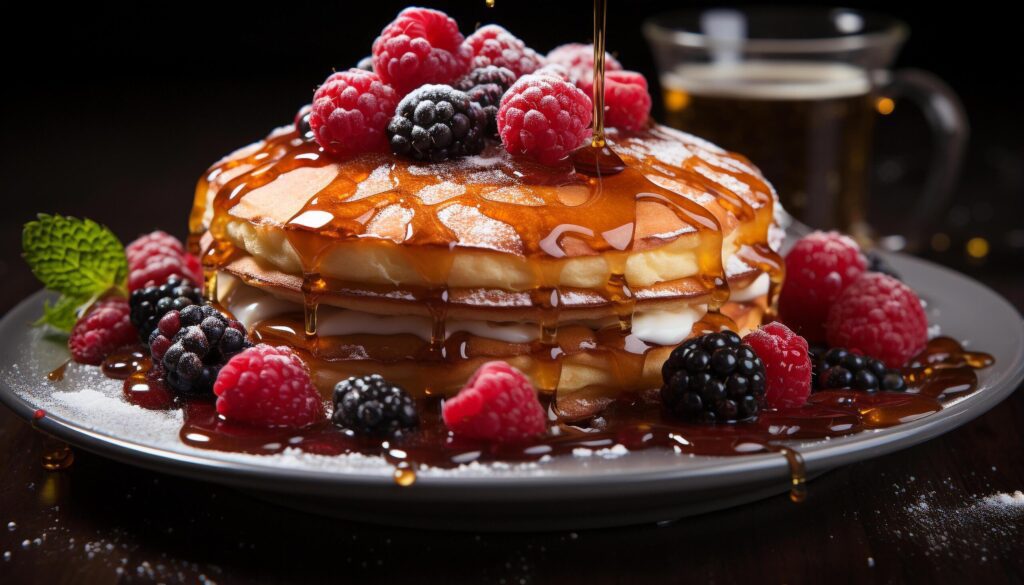 Homemade pancake stack with fresh berries, chocolate, and syrup generated by AI Free Photo