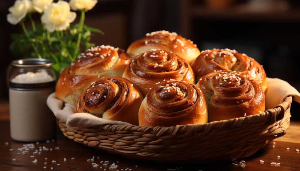 Homemade sweet bun baked on wooden table, a delicious dessert generated by AI Free Photo