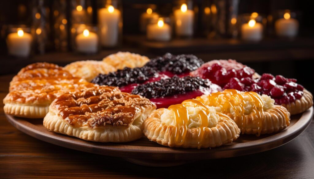 Homemade sweet pie, fresh berries, and chocolate on rustic table generated by AI Free Photo