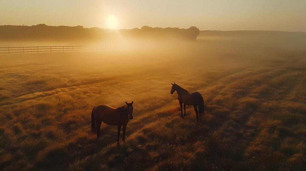 Horses are walking freely on the green meadow at sunset. Free Photo