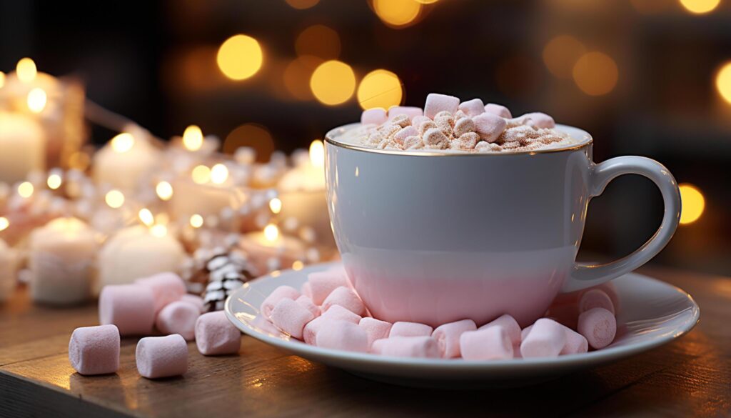 Hot chocolate and marshmallows on a cozy table generated by AI Free Photo