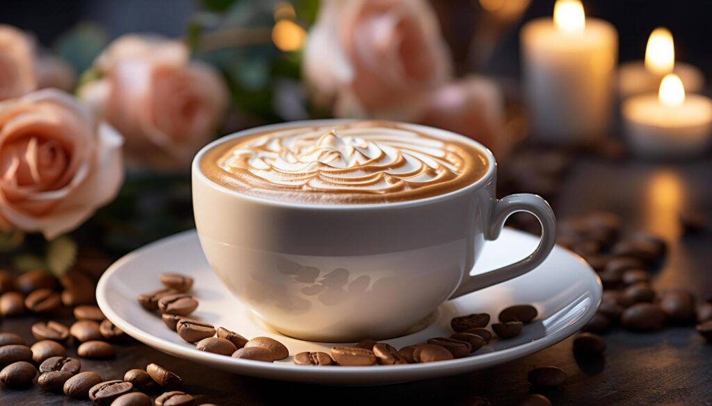 Hot coffee cup on wooden table with frothy milk generated by AI Free Photo