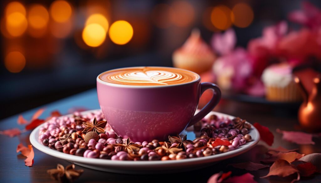 Hot coffee on wooden table, frothy cappuccino with chocolate decoration generated by AI Free Photo