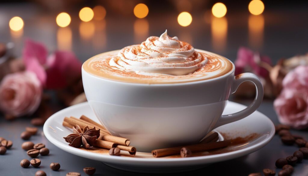 Hot drink, coffee cup, saucer, milk, chocolate, dessert, frothy drink generated by AI Free Photo