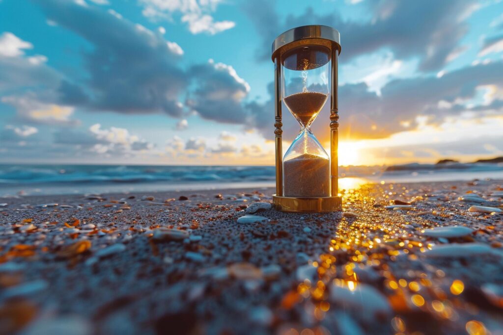 Hourglass on Sandy Beach at Sunset. Free Photo