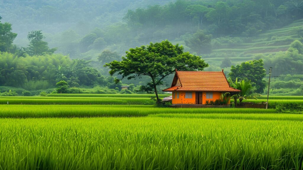 house the countryside, dividing the lush green fields, long exposure photography Ai Generated Free Photo