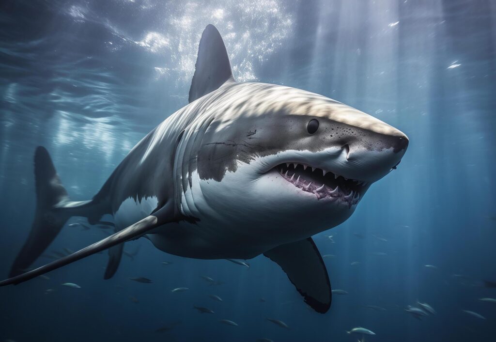 Huge white shark in blue ocean swims under water.Generative Ai Free Photo