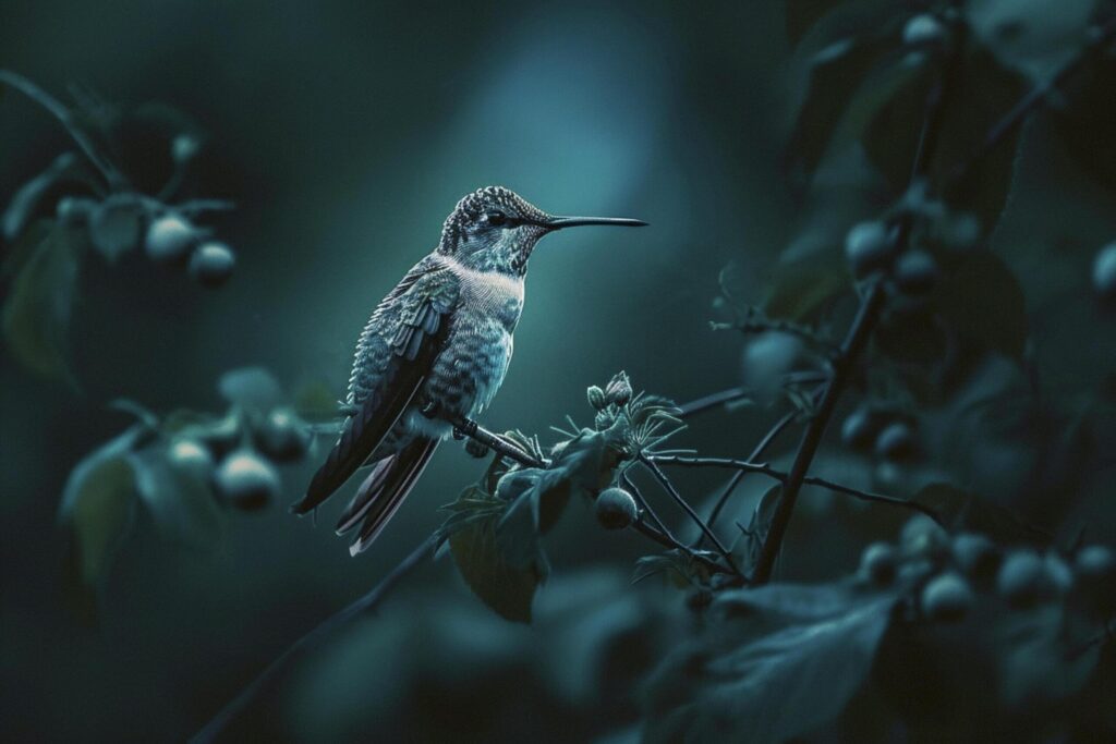 hummingbird perched on a branch, illuminated by a soft blue light in the midst of darkness Ai generated Free Photo