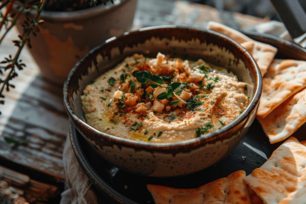 Hummus dip with chickpea, parsley, olive oil, pita chips Free Photo