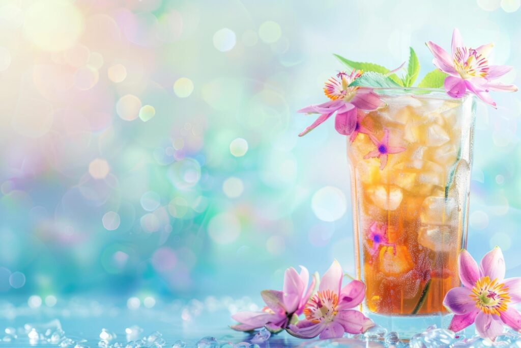 Ice tea with passionflower, tropical beach background, space for text Free Photo