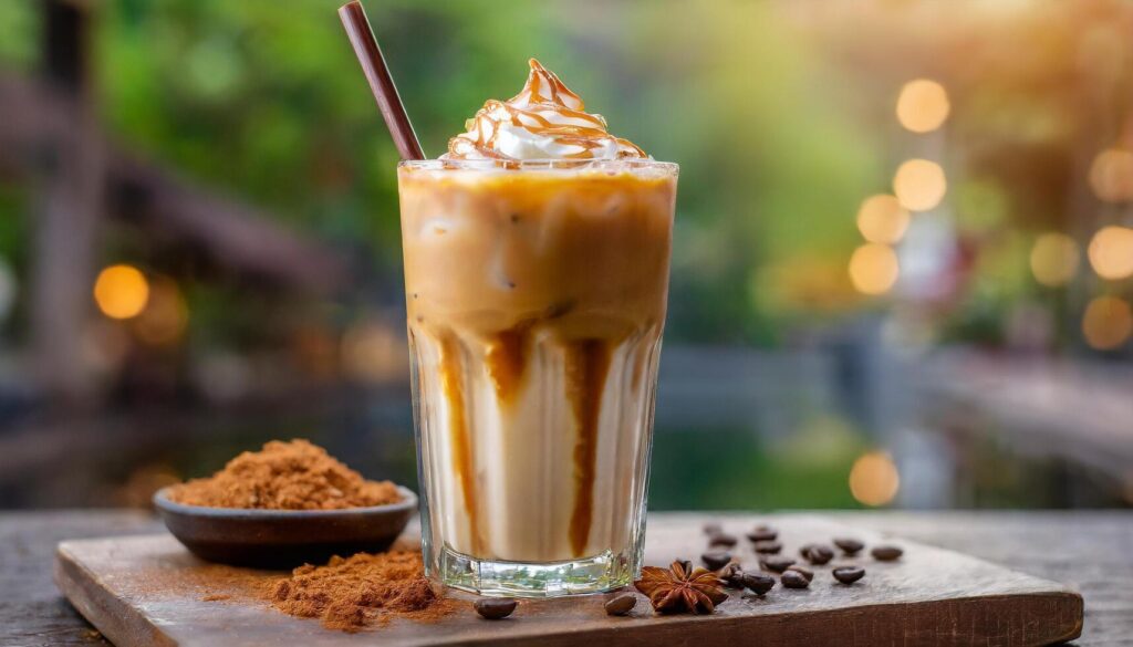 AI generated Iced caramel macchiato in a tall glass with blurred background Stock Free