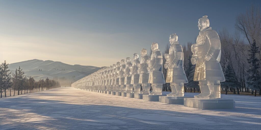 Icy Guardians, Terracotta Warriors Sculpted in Ice, Standing Majestic in a Snowy Landscape Free Photo