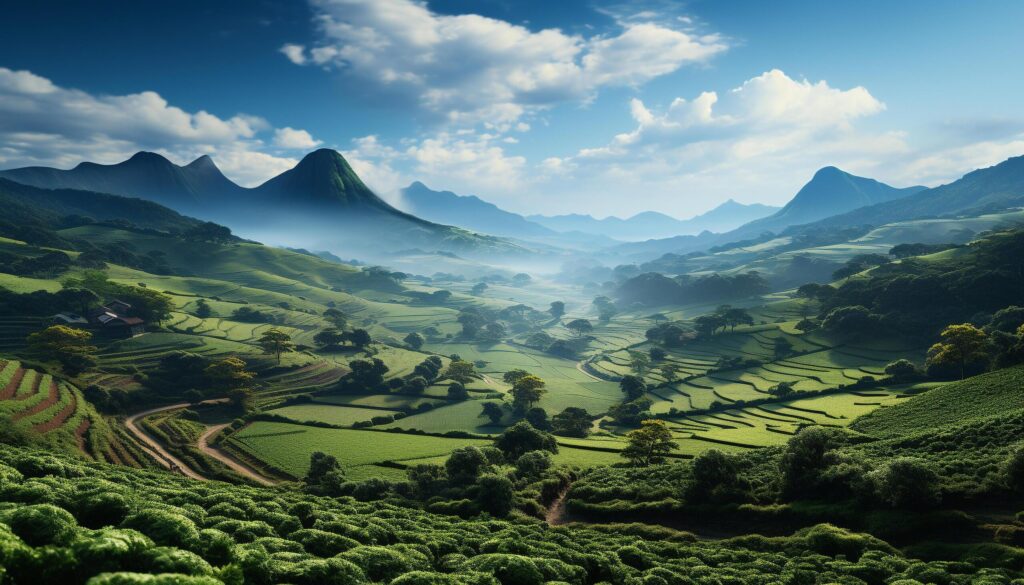 Idyllic mountain farm, green meadow, rice paddy, clouded landscape generated by AI Free Photo