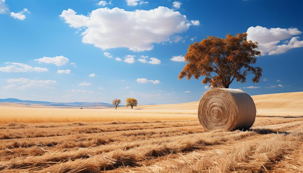 Idyllic rural scene meadow, farm, wheat, haystack, sunset generated by AI Free Photo