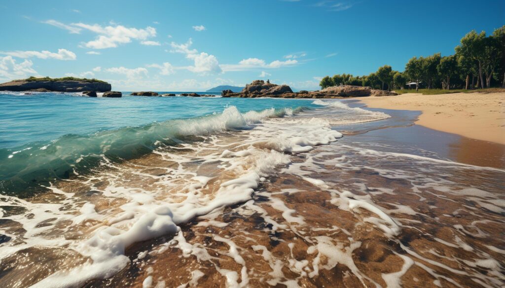 Idyllic summer coastline blue wave, sand, and tranquil waters generated by AI Free Photo