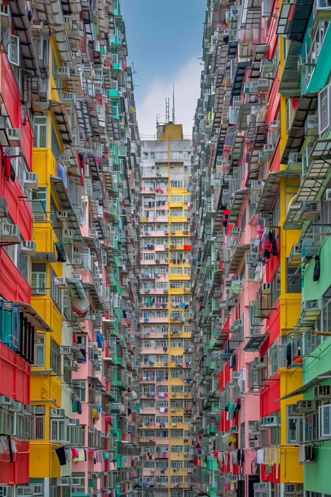 image captures densely packed, colorful apartment building with balconies. Ai Generated Free Photo