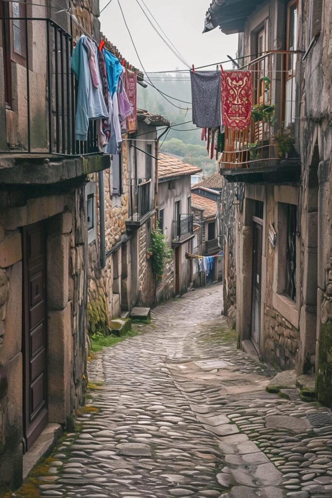 image captures narrow, cobblestone street lined with old buildings and laundry hanging from the balconies. The sky is overcast, the stone road and buildings Ai Generated Free Photo