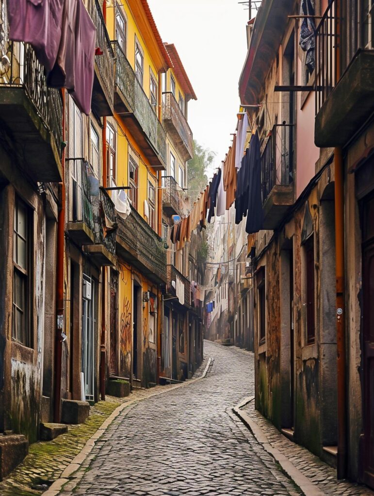 image captures narrow, winding cobblestone street lined with old buildings and laundry hanging from the balconies Ai Generated Free Photo